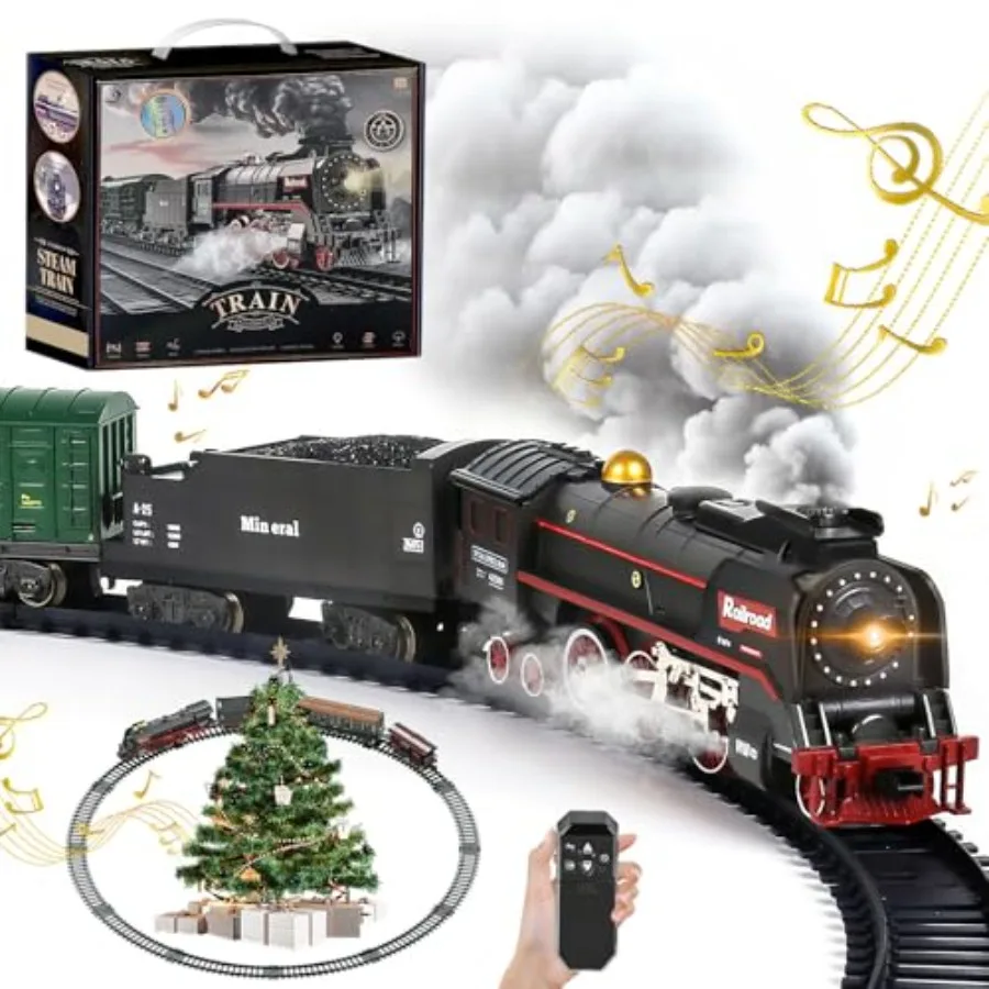 Christmas electric remote control train set for under tree display, ABS plastic, red and green, smoke effects with 3 outlets, U