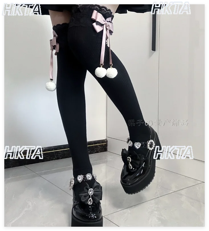 

Длинные носки-трубы в японском стиле, милые носки до середины икры с помпоном и бантом, зимние носки выше колена в стиле Лолиты, кружевные чулки JK Girl