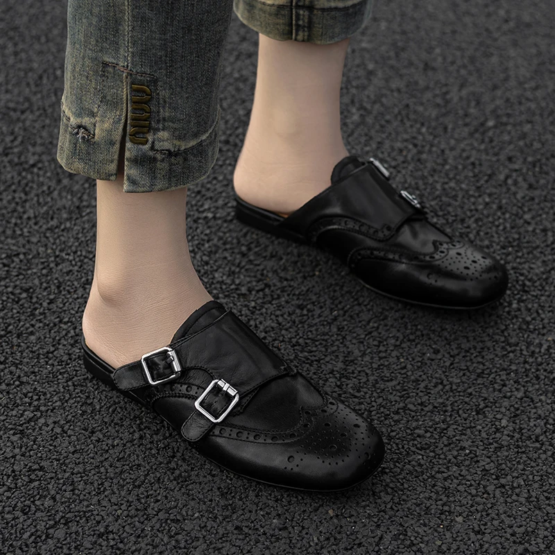 أحذية نسائية مسطحة من البغال البروغ أحذية على الطراز الأساسي من الجلد الطبيعي على الطراز البريطاني بمقدمة مستديرة نصف شباشب أحذية ربيع الخريف #6