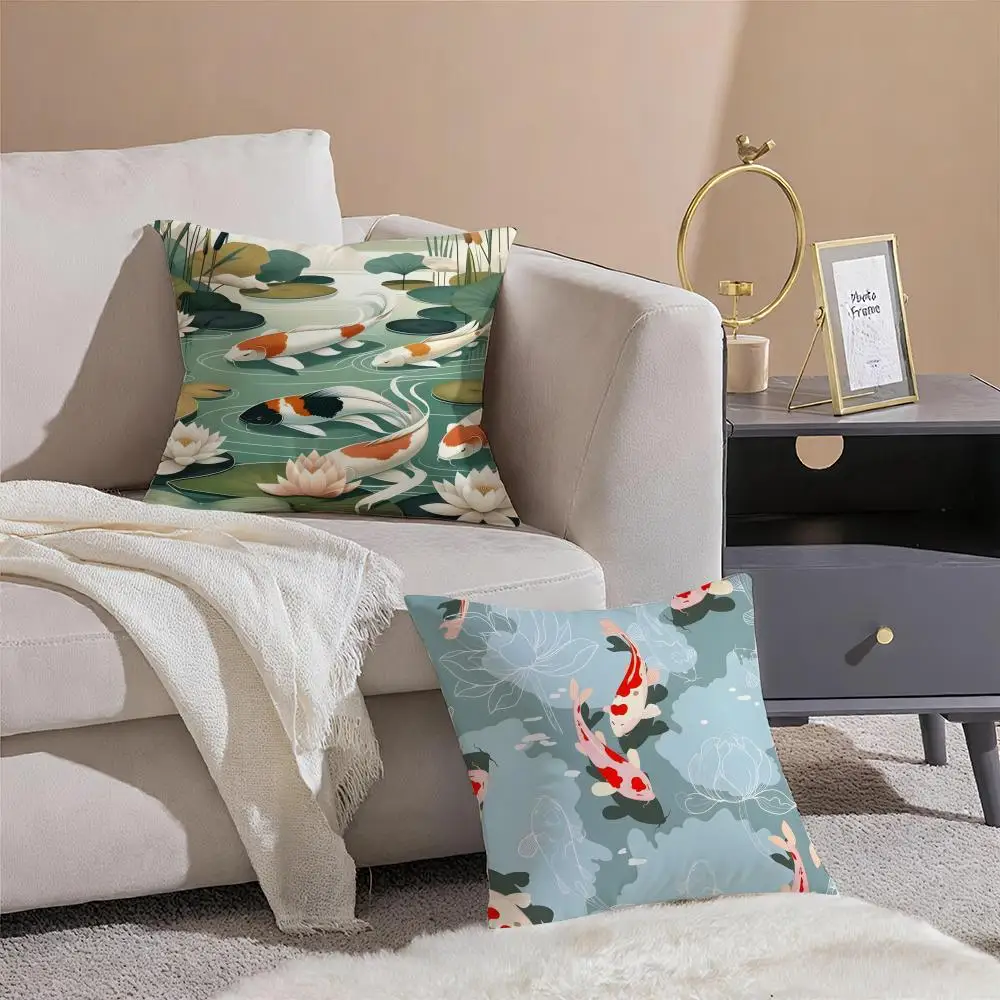 Natural Fun Koi Fish lotus Art Cushion Cover Throw Pillow Cover Hidden Button Durable Polyester Chair Cushion