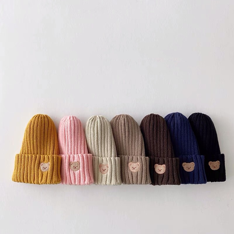  Embroidery Kids Girls Boys Beanies Caps Warm Soft Casual Autumn Winter Solid Color Baby Knitted Hats Cute Bear Hats for Children 