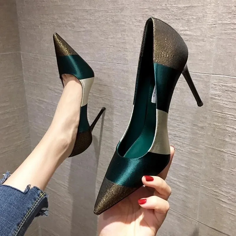 2023 Spring Fashion Sexy High Heels Women Pumps Pointed Toe Office Lady Working Shoes French Style Female Footware Black GREEN