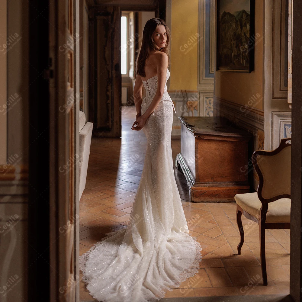 فساتين الزفاف الحديثة زي العرائس الرائعة الدانتيل المتدرج بلا أكمام مثير عالية الشق الجلباب الساحرة جميلة Vestidos De Novia 2026 #3