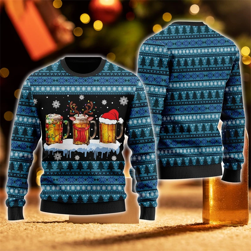 2026 New Fashion Beer Graphic Ugly Christmas Sweater Trendy Santa Claus 3D Printed Xmas Sweatshirts Casual Oversized Pullovers