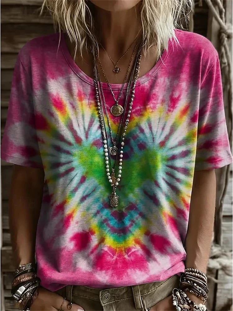Women's Round-Neck Short-Sleeve T-Shirt Casual Top with Colorful Spiral Tie-Dye Print Lightweight Street-Style Short-Sleeve Top