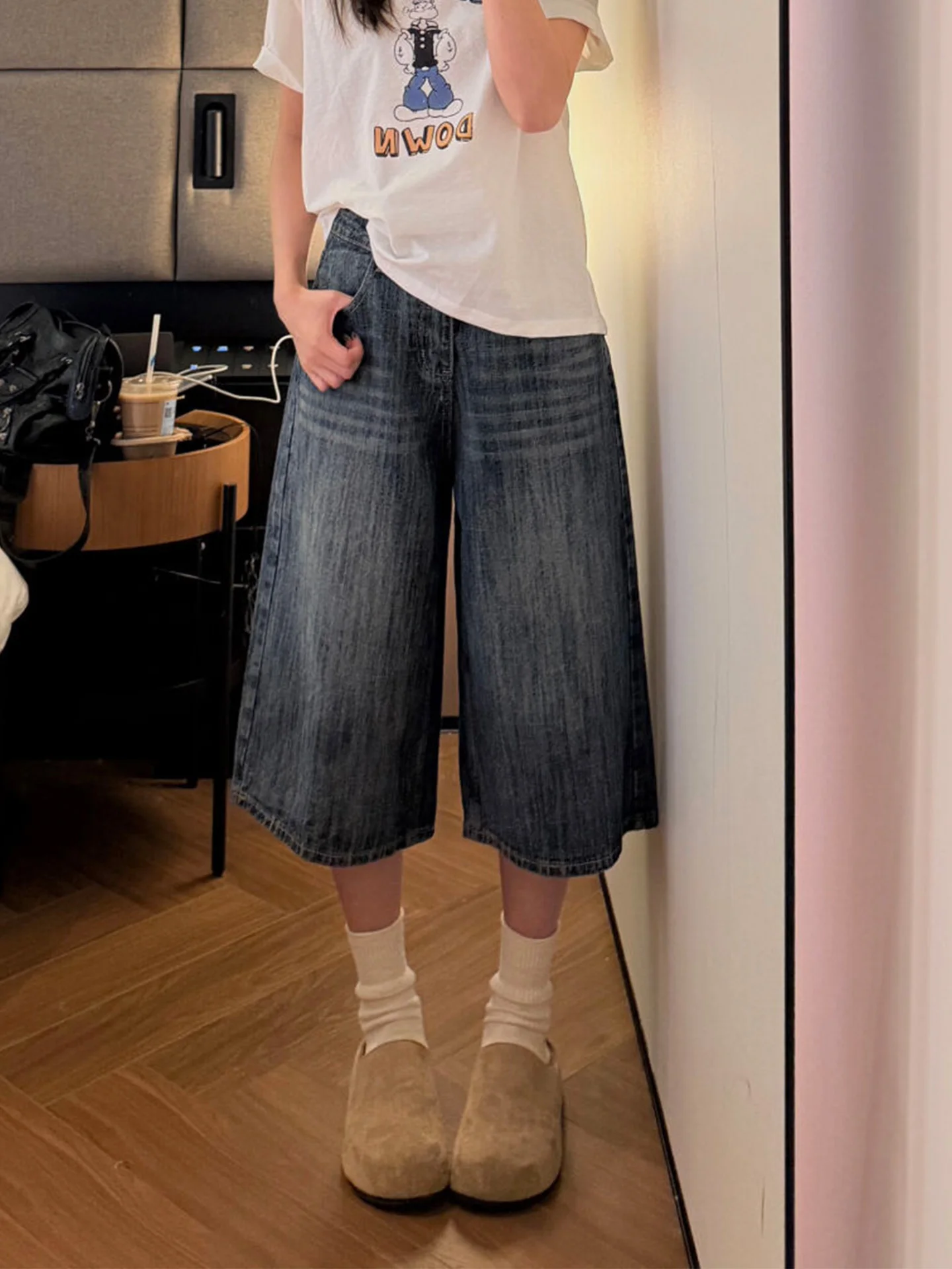 

High Waist Wide Leg Jeans Women's Slim Fit Retro Washed Summer New Style Denim Pants Torn Vintage American Style 7/8 Length