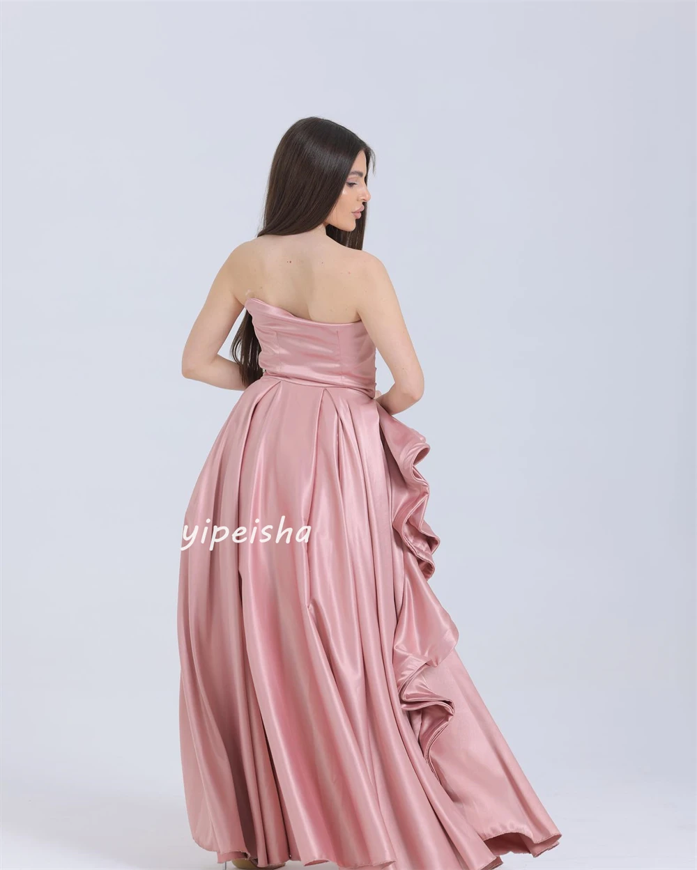 Jiayigong   Evening Saudi Arabia Satin Ruched Christmas A-line Strapless Bespoke Occasion Gown Midi Dresses