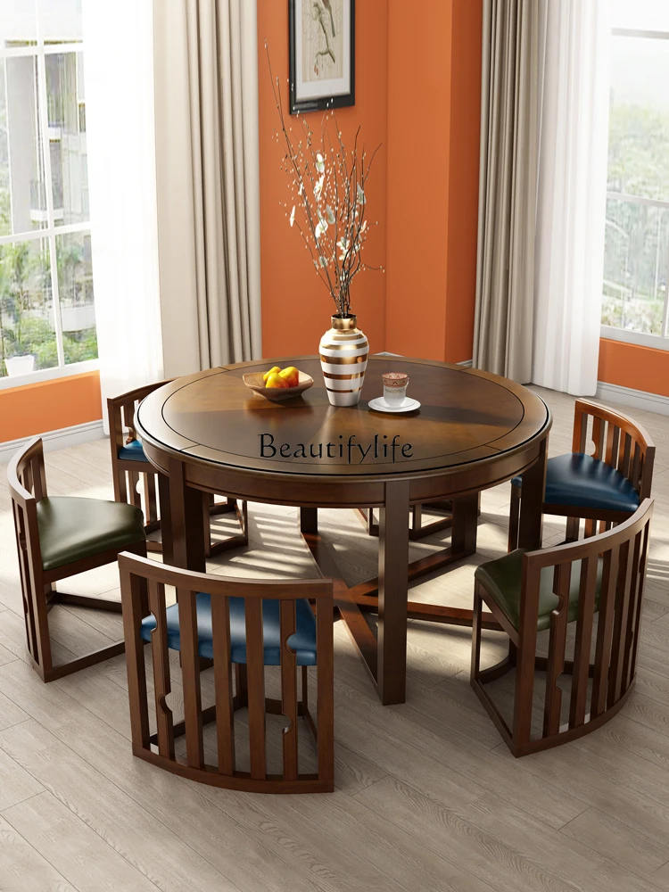 

American-style Solid Wood Dining Table and Chair Set for Home Use, High-end with Rotating Tray, One Table and Six Chairs