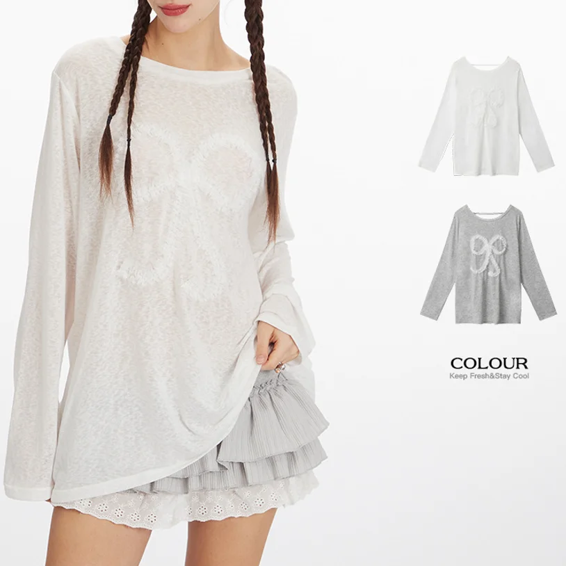 

Yapher Women's Lace Bow Long Sleeve Tee with Back Side Slit Details T-shrit Sexy Oversized Round Neck Top for Spring and Fall