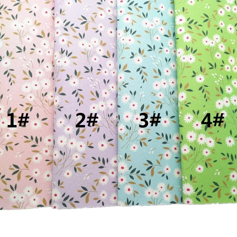 Pastel Colors Small Daisy Flowers Printed Fine Glitter Faux Vinyl Leather Fabric Knited Backing Leather For Bow 21X29CM FZ305B