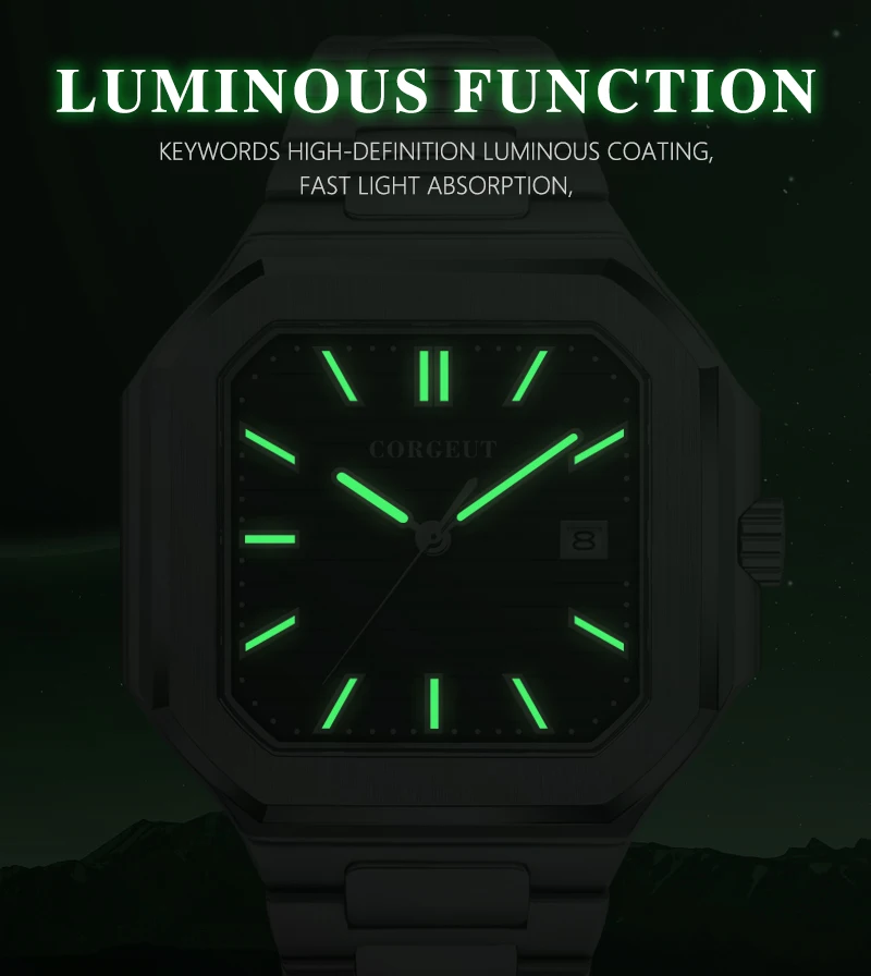 Customized Logo 44.5MM Mechanical Square Steel Case Aseptic Watch Automatic Movement NH35 Fashion Date Gift Men's Watch Corgeut