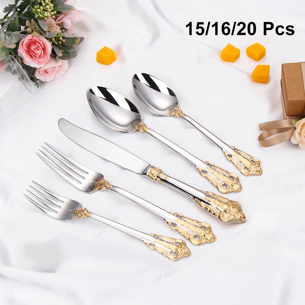 12/15/16/20 Pieces Gold Plated Luxury Cutlery Set Stainless Steel Gold Dinnerware Vintage Western Tableware Fork Spoon Knife Set