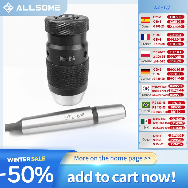 ALLSOME Keyless B16 1-16mm Lathe Drill Chuck MT2-B16 Arbor Self Tightening Drill Chuck HT2942