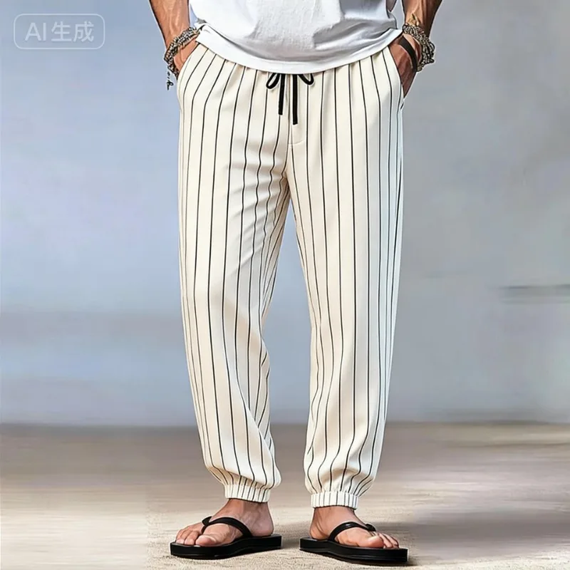 

Мужские брюки-джоггеры с вертикальными полосками, на шнурке, повседневные, зауженные, легкие, для пляжа, на лето