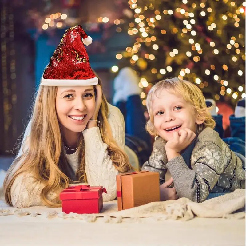 Sparkly Santa Hat Double Side Reversible Sequin Santa Hats Glitter Sparkle Sequin Hats Santa Costume Hat With Shiny Sequins And