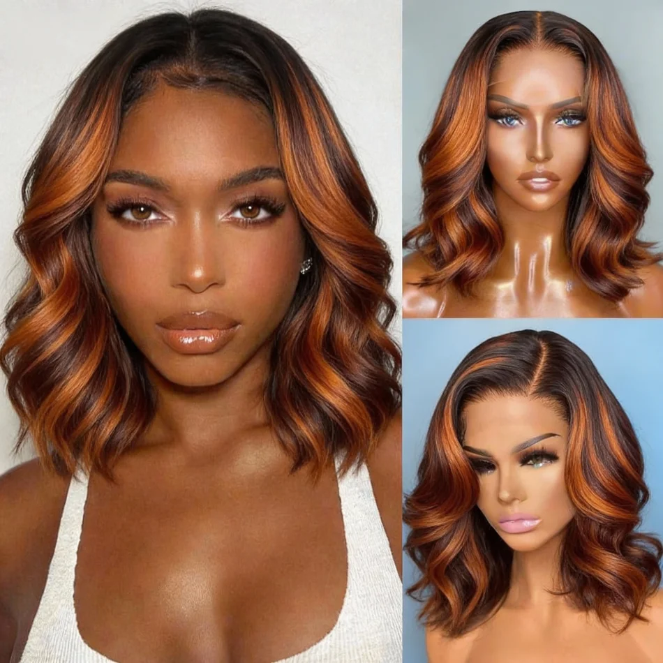 

Ginger With Brown Highlight Body Wave #4/350 Short Bob 13x4 HD Lace Glueless Brazilian Human Hair Wigs Pre Plucked For Women