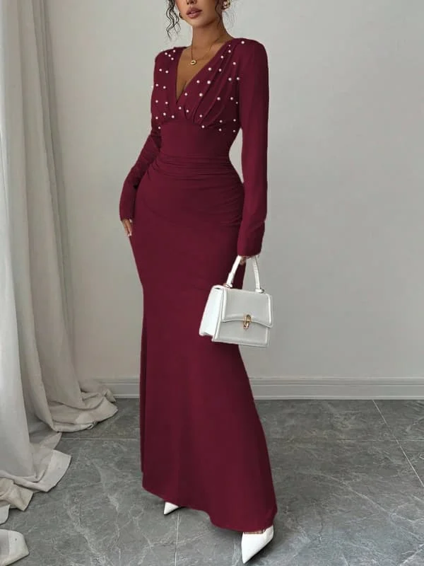 Krismile Women's 2026 Elegant Evening Dress Deep V-Neck Pearl Bodycon Wine Red Formal Party Cocktail Sexy Chic Woman Maxi Dress