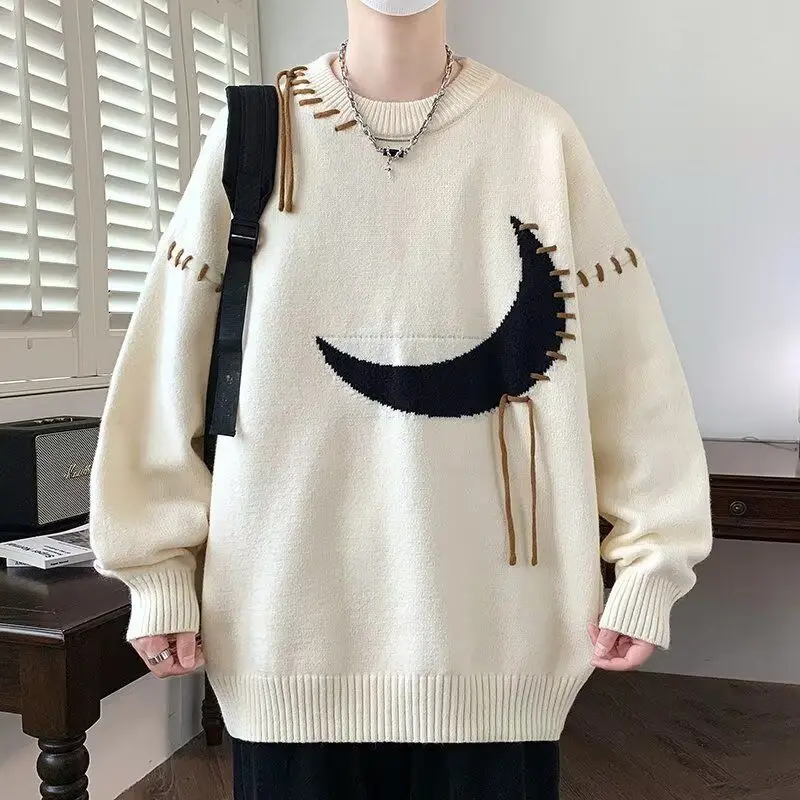 

Lazy Thiened Knitted Sweater Men's round Ne Loose Personali Winter Teenagers Trendy Casual Sle Zipper Soft Polyester