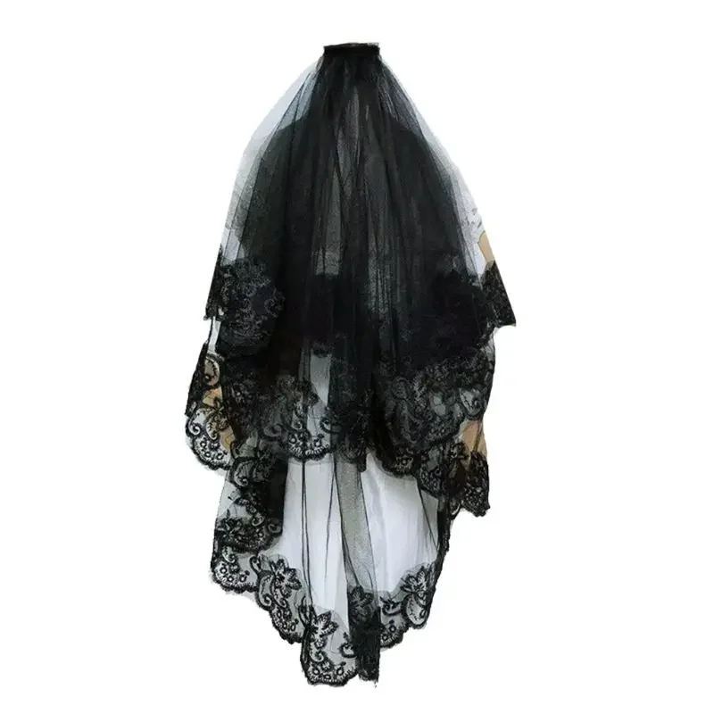 Velo de novia de Mantilla negra de dos capas para mujer y niña, adorno de encaje Floral bordado, disfraz de Halloween, accesorios para el cabello transparentes