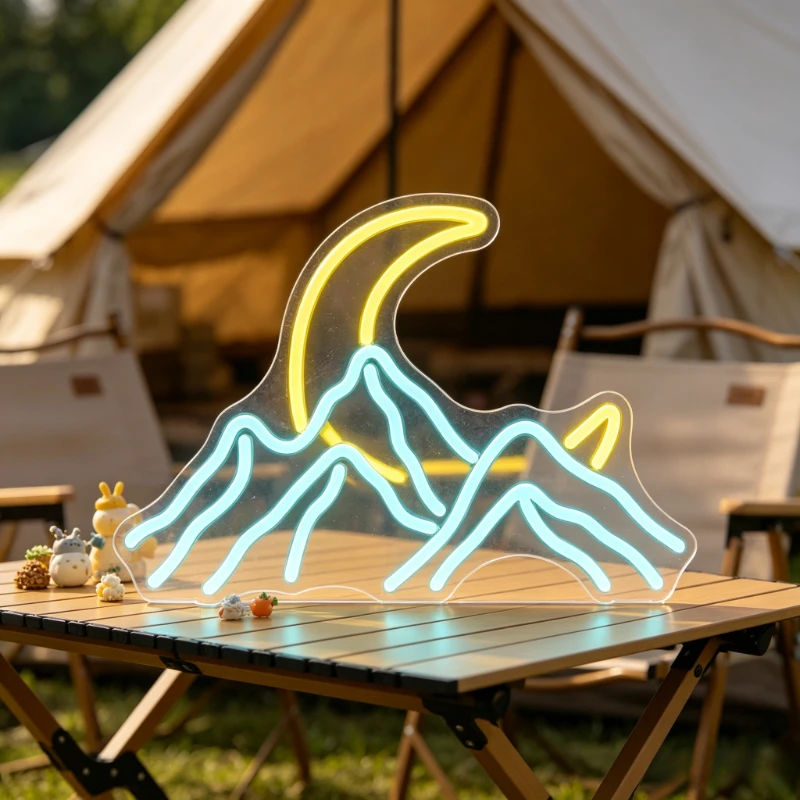 Mountain Moon Neon Sign LED USB Dimmable Wall Light for Men Cave Camping Tent Outdoor Patio Men Cave Boy Room Adventure Decor
