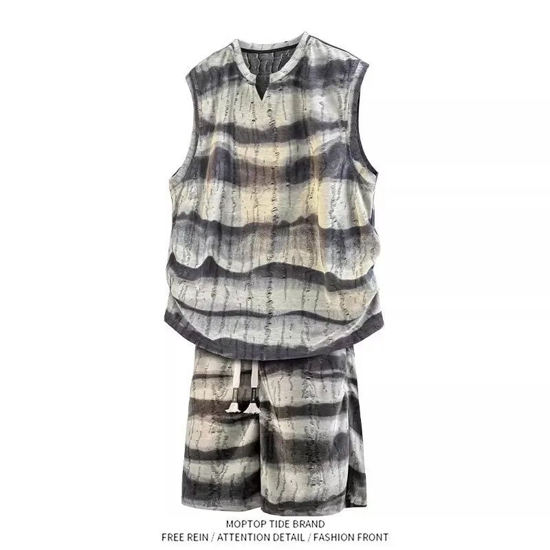 Mr. WH Ice Silk Casual Sports Shoulder Bared Vest Set Men's Summer New Stylish Match Polyester Fiber 100% No Brand Registered