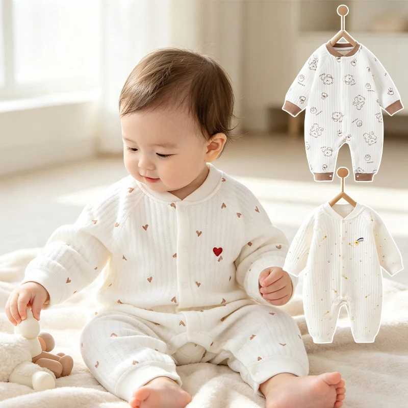 Baby Padded Onesie 0‑24M, Autumn Winter Pure Cotton Thermal Sleepwear, Lightweight Unisex Crawling Suit for Baby Boys Girls