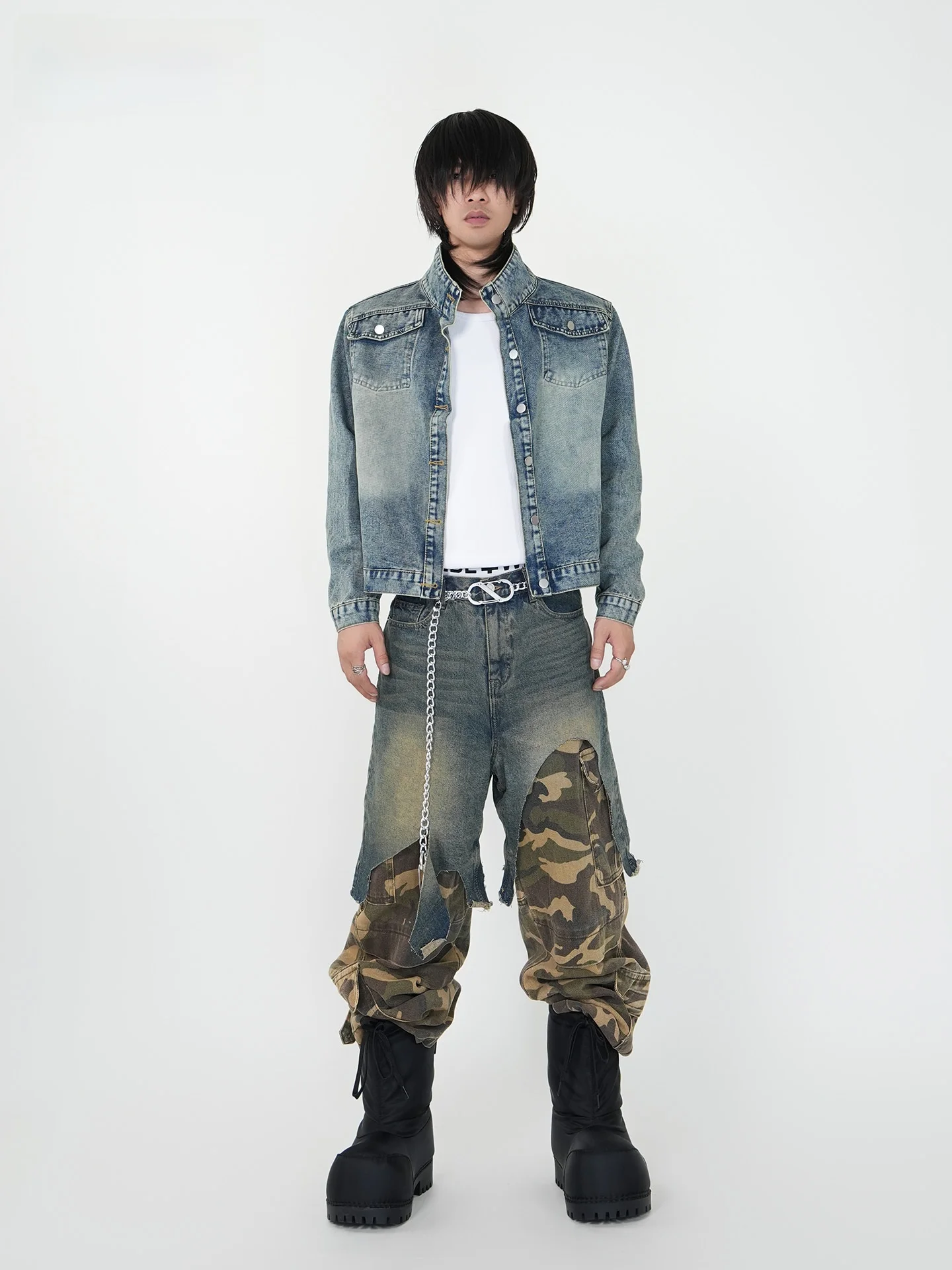 

VE2 2025 Осенняя плотная винтажная рабочая джинсовая куртка с высокой талией, свободного кроя, с воротником-стойкой, в стиле ретро