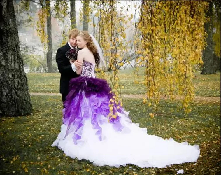 Robes de mariée gothiques ombrées violettes et blanches, appliques en organza sans bretelles, train de chapelle de pays occidentaux, robe de mariée à lacets