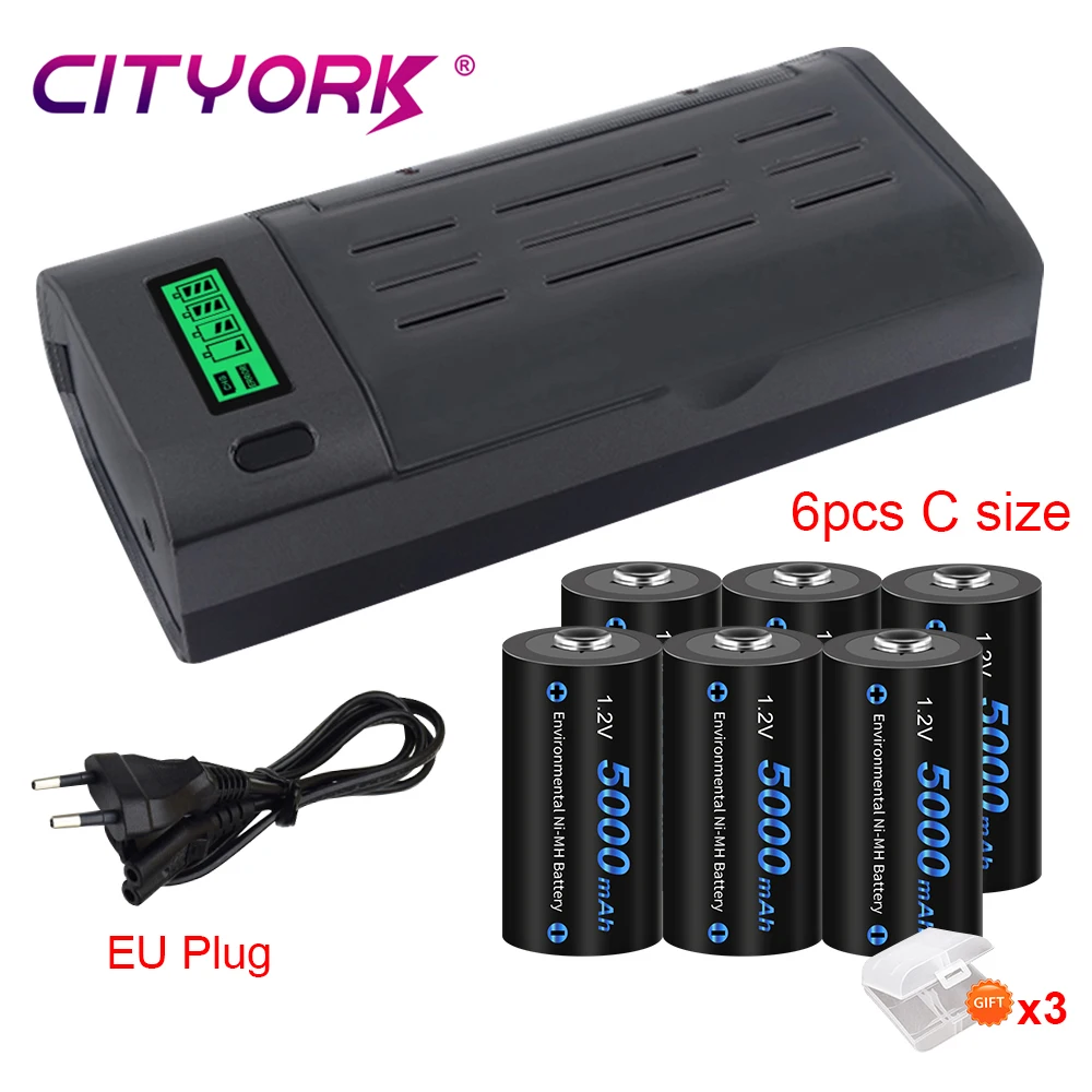 CITYORK 5000mAh C Size Rechargeable Battery 1.2V R14 LR14 NIMH C Battery Batteries With 9V 1.2V AA AAA C D NIMH Battery Charger