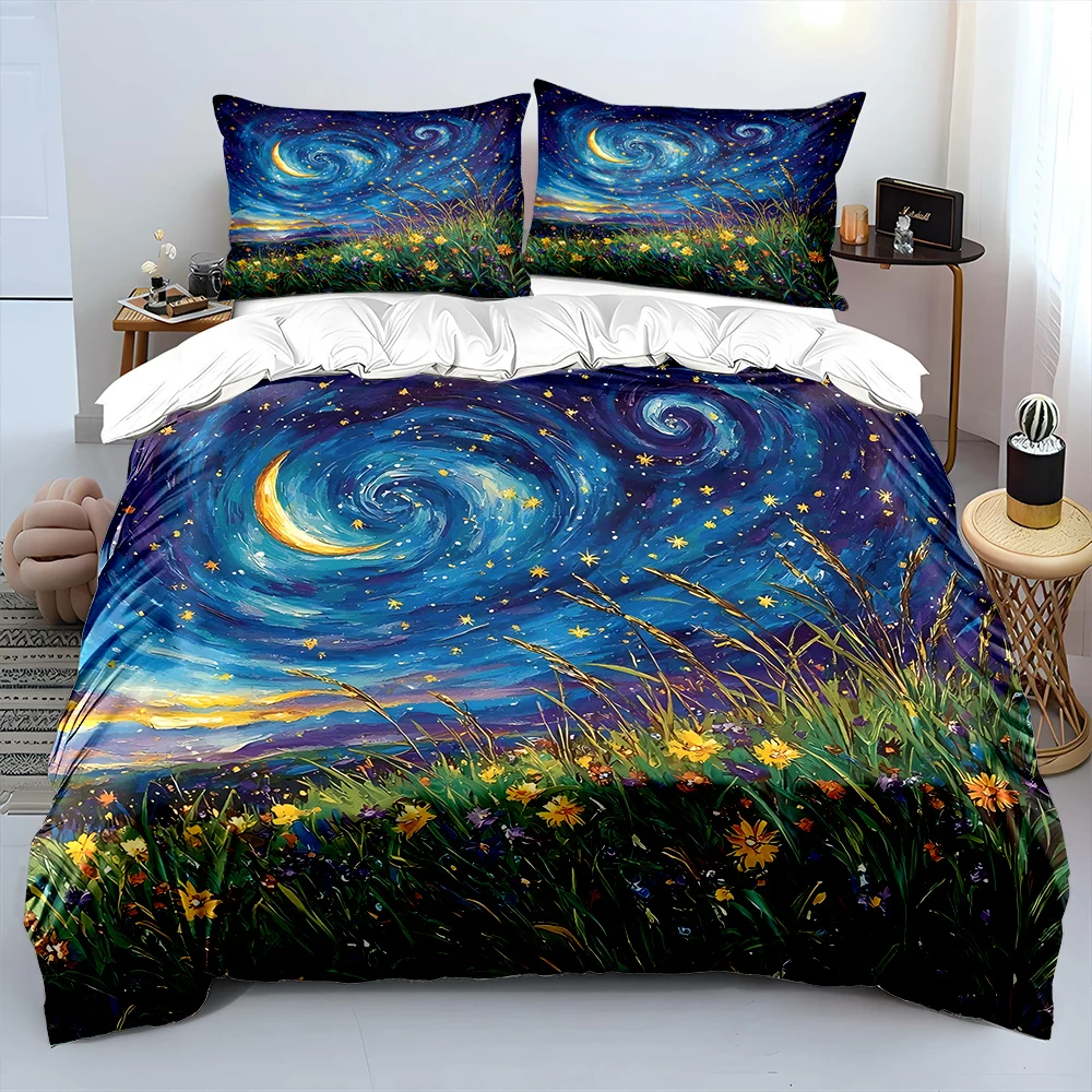 Starry Sky and Vibrant Wildflowers Bedding Set for Kids Luxury Gift 3pcs Digital Print Comforter Set Soft Comfortable Breathable