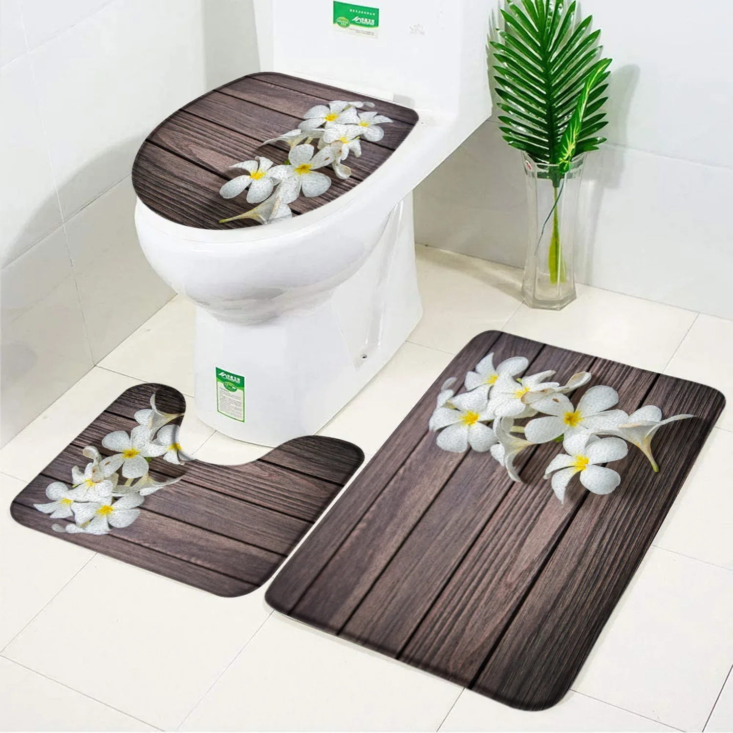 3-delige set paarse bloem op oude houten plank badmat bloemen landelijk retro decor flanel antislip badkamertapijt tapijt toilethoes