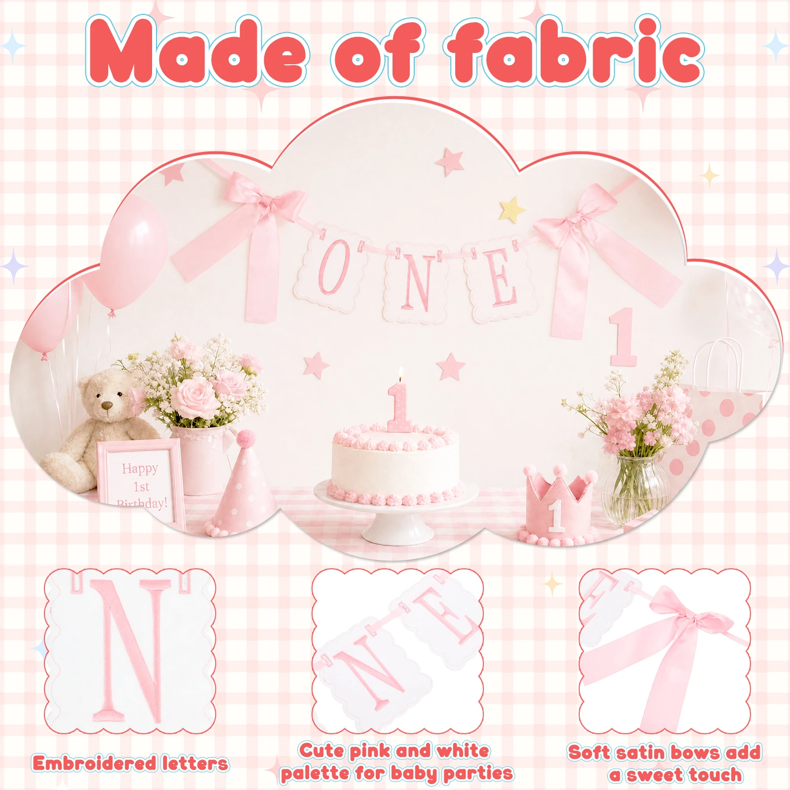 Embroidered 'ONE' Letters High Chair Banner Sweet Bow Themed 1st Birthday Party Banner Decor Scalloped High Chair Hanging Banner view 3
