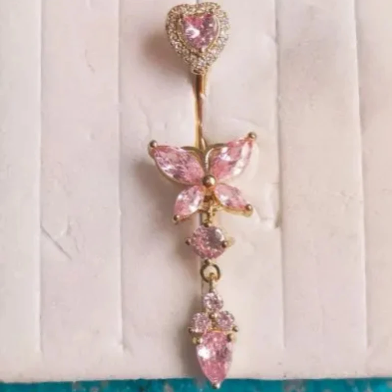 Surgical Steel Belly Piercing Jewelry CZ Butterfly Belly Button Rings Pink Heart Navel Ring Body Jewelry