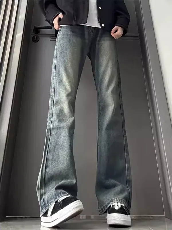 

American Style Retro Blue Men's Slim Fit Jeans Elevate Waist Slimming Fleece Lined Micro Flared Pants Casual Straight Leg Jeans