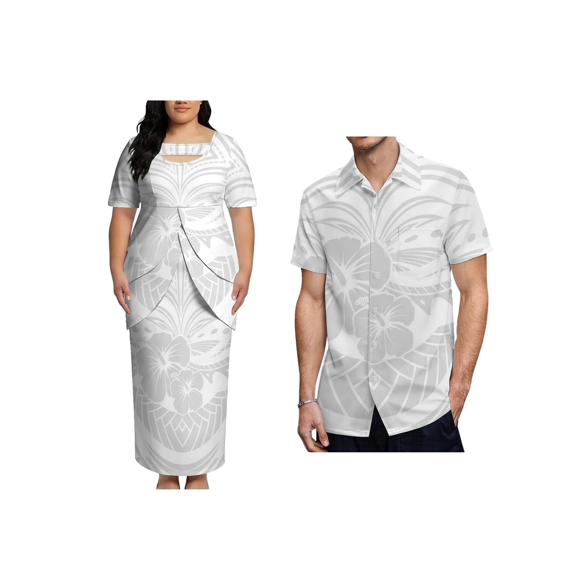 Women Custom Plus Size White Sunday Island Tribal Print Dress Two Piece Samoan Overlay Maxi Dress