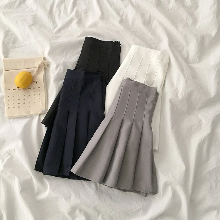 High Waist Pure Color A-Line  Skirt Spring Summer New Style Anti-Light Checkered Short Skirt College Style Women's Dress
