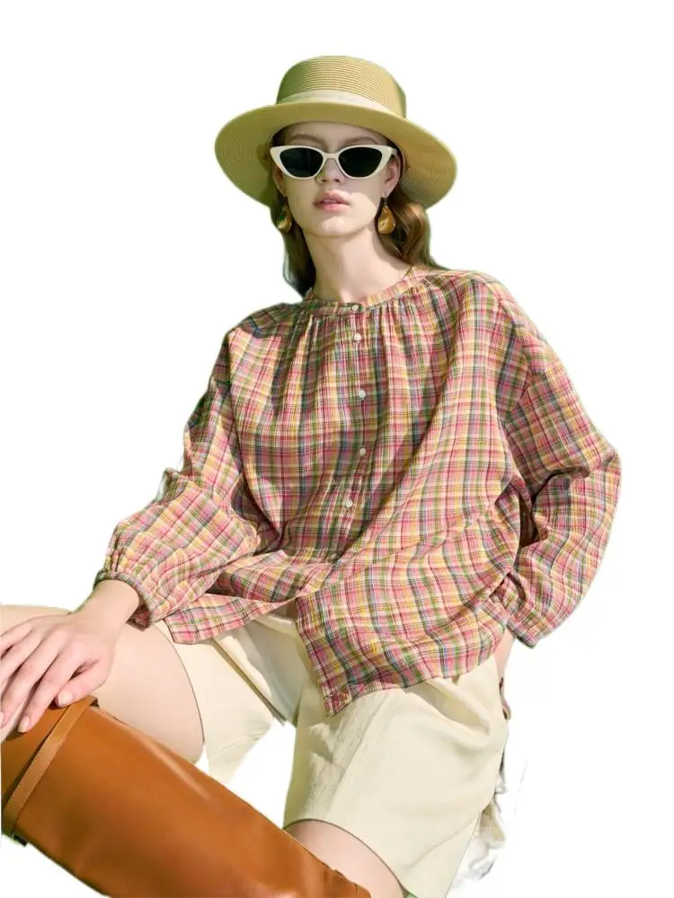 

Spring Summer Small Round Neck Drop Shoulder Long Sleeve Shirt Fashion Casual Rainbow Plaid Vintage Blouse Overshirt 2024