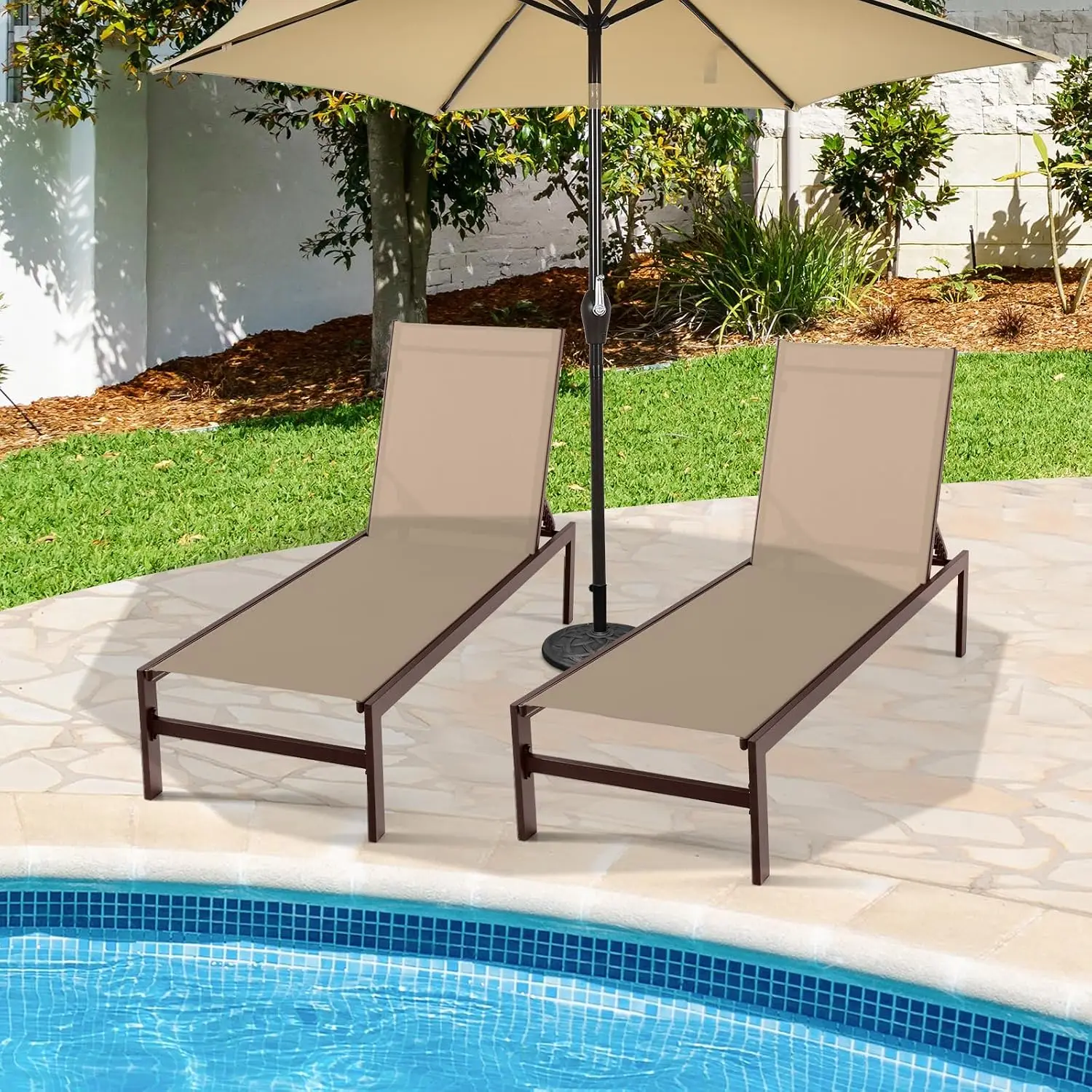 Outdoor Chaise Lounge 6 Adjustable Positions Aluminium Frame Reclining Lounger Deck Yard Pool Brown 2-Pack, Customized