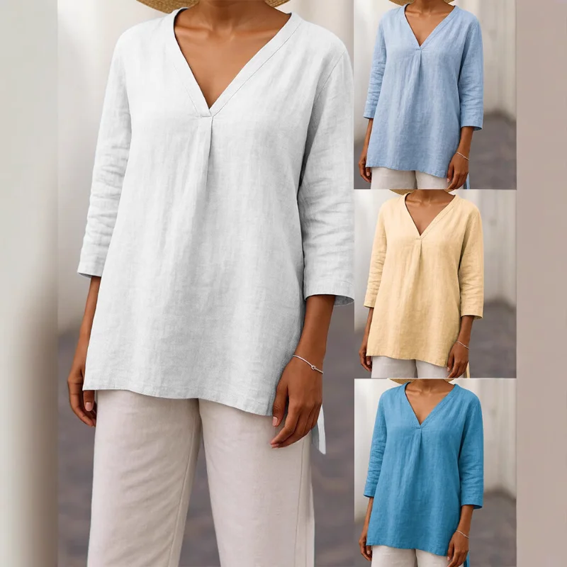 

2025 Новый женский повседневный свободный пуловер с v-образным вырезом и рукавами 7 четвертей, однотонный многоцветный женский топ, футболка