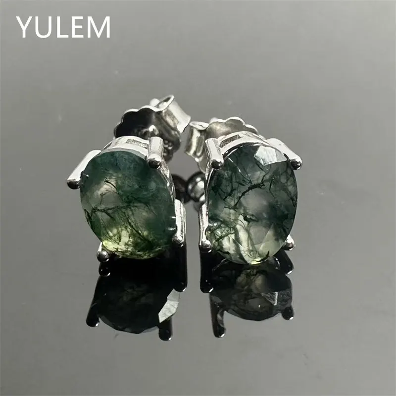 YULEM 5x7mm Oval Moss Agate Stud Earrings S925 Sterling Silver 4 Prongs Natural Green Moss Agate Women Fine Jewelry Gift