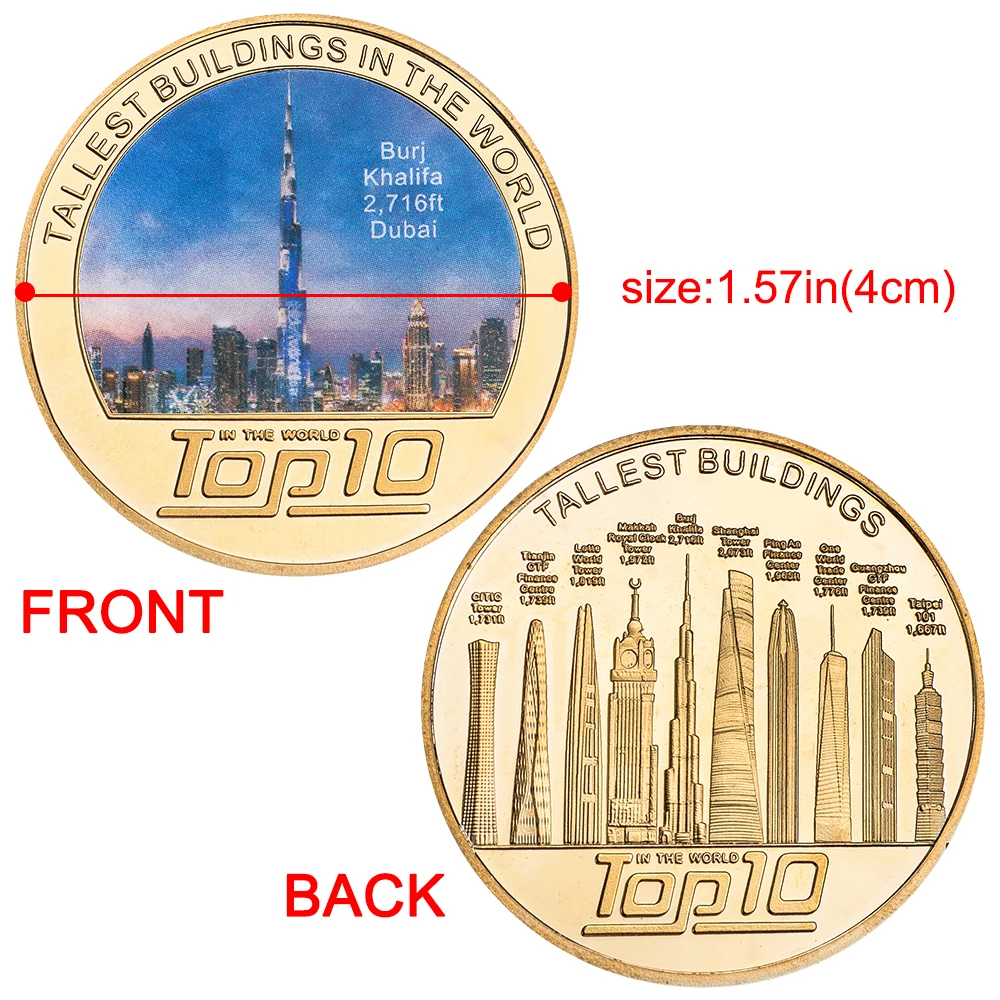 10pcs World's Top 10 Tallest Buildings Commemorative Coin Set World Famous Skyscrapers Coins Gold Plated Landmarks Collectible