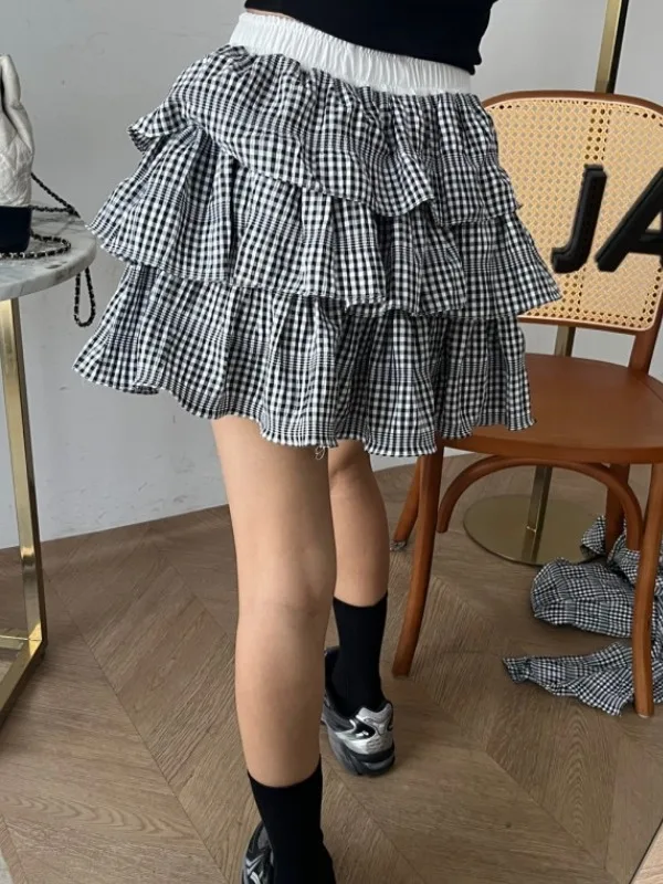 Geruite rok voor dames, elastische taille, gelaagde kanten zoom, afslankende, leeftijdverlagende, veelzijdige, volledig geplooide rok