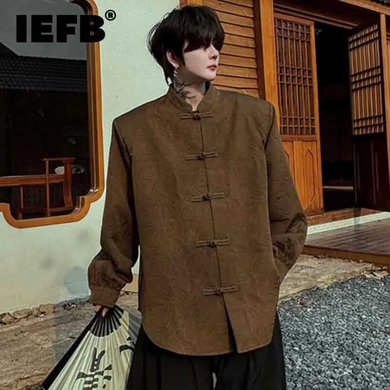 

IEFB Men's Shirts Retro Solid Color Stand Collar Knot Button Male Long Sleeve Shirt New Chinese Style Spring New Trendy 9C4630