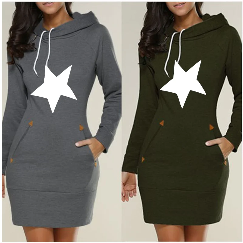 

Spring Autumn Female Full Sleeve Hoodies Dress Fashion Women Long Sweatshirts with Pocket Zipper Solid Color Loose Dresses