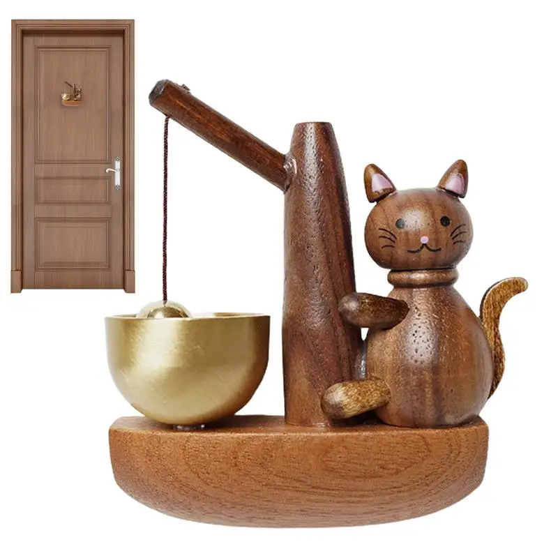 Door Chime Cute Wood Fishing Cat Door Harp Playful Fishing Cat Wind Chime Magnetically-Attached Wood Doorbell Home Pendants For