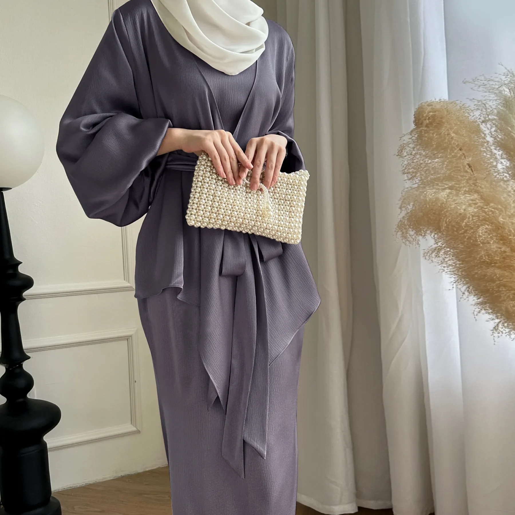 Top e vestido muçulmano de cetim para mulheres, terno combinando, blusas e quimono, roupas islâmicas, Turquia Outfit, luxo, Top Outfit, Turquia, 2