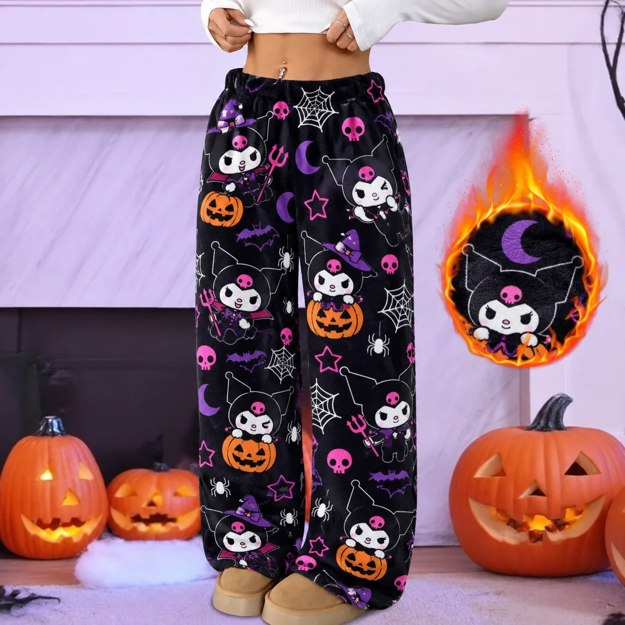 Kuromi Halloween Flannel Pajama Pants Women Pumpkin Bat Print Wide Leg Soft Fleece Sleepwear Elastic Waist Home Trousers Gift
