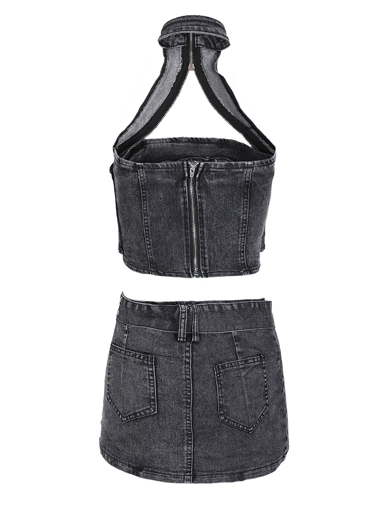 Imagem -03 - Deat-fatos Femininos de Saia Jeans Halter Hollow Out Camis de Cintura Alta Cinto Preto Fino Nova Moda Verão 2023 Peças 11d10231