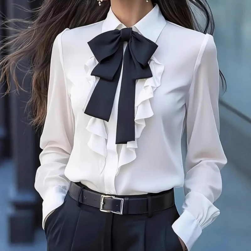 

New Solid Color Lace-up Bow Ruffle Design Shirt for Women Vintage Long Sleeve Blouse White Top Autumn Female Clothing 2025