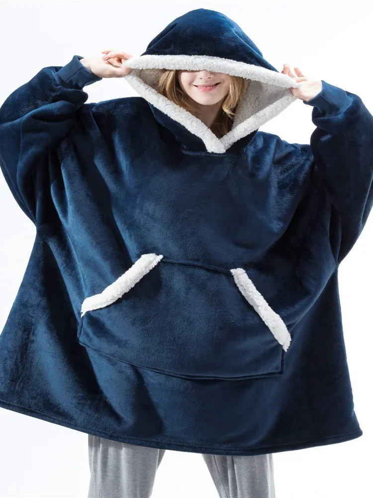 Sudadera con capucha de gran tamaño con mangas para mujer, Sudadera con capucha cálida de lana, manta de TV gigante, bata femenina